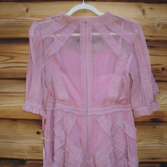 MAC DUGGAL 8058 Pink High Neck Micro Ruffle Tiered Midi Dress - Picture 14 of 16